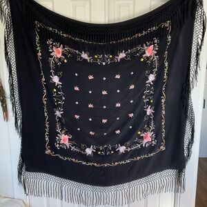 Large floral embroidered silk scarf